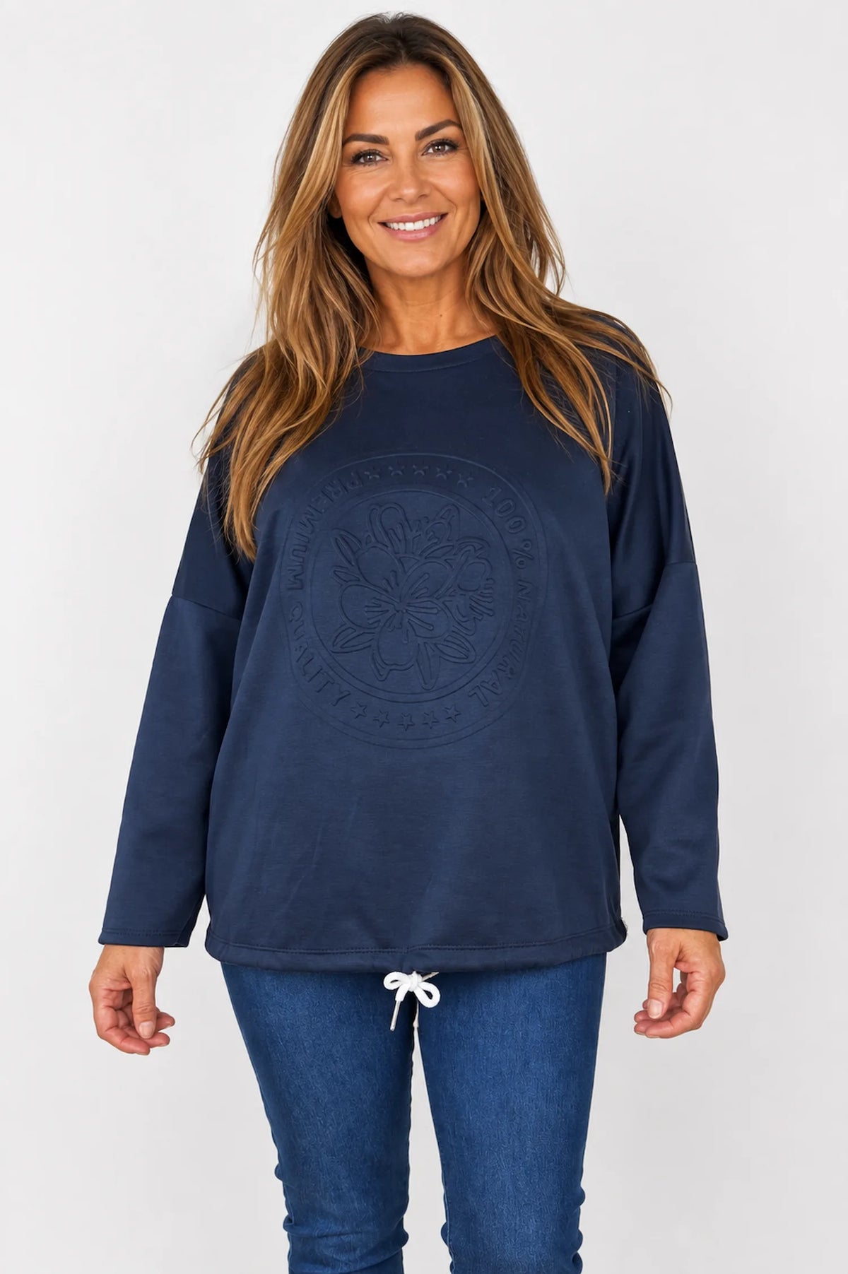 Embossed Clover Drawstring Hem Ambriella Top - Navy