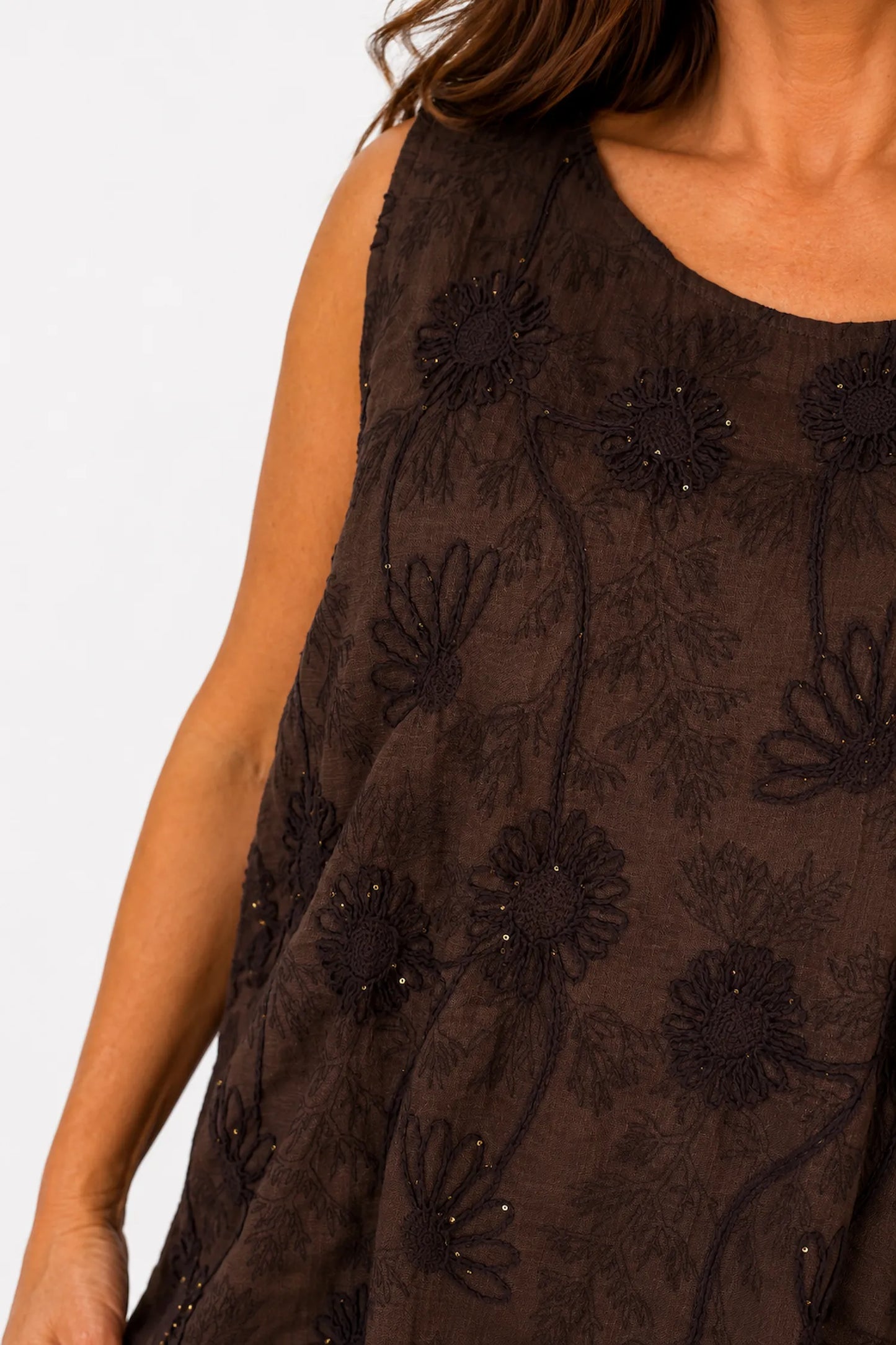 Embroidery Anglaise Floral Golden Sequin Tuscany Vest - Chocolate