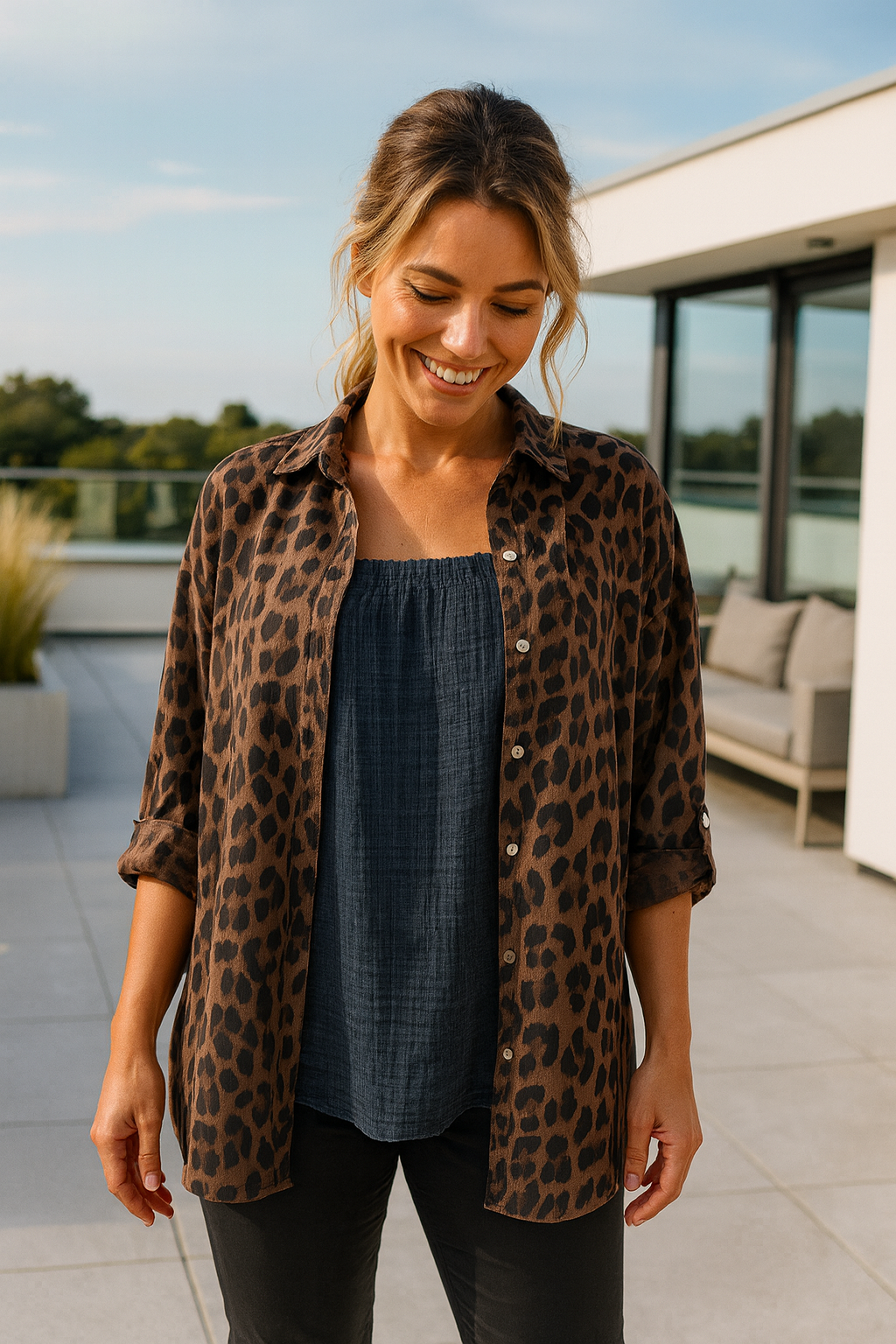 Premium Stitch Button Sleeve Lexi Leopard Print Shirt - Chocolate