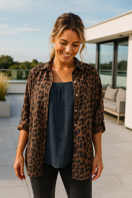 Premium Stitch Button Sleeve Lexi Leopard Print Shirt - Chocolate