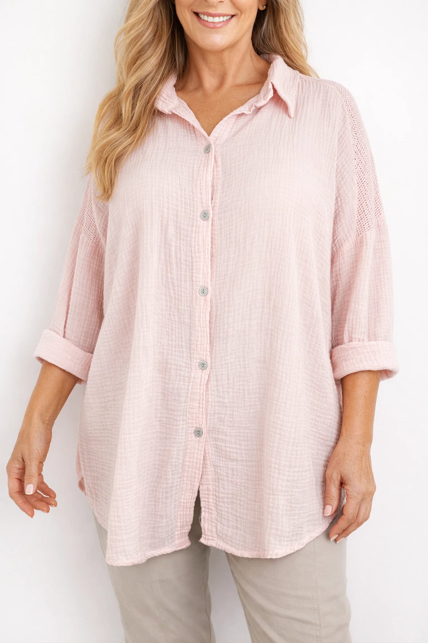 Pure Bubble Cotton Mesh Sleeve/Back Detail Celeste Button Shirt - Baby Pink