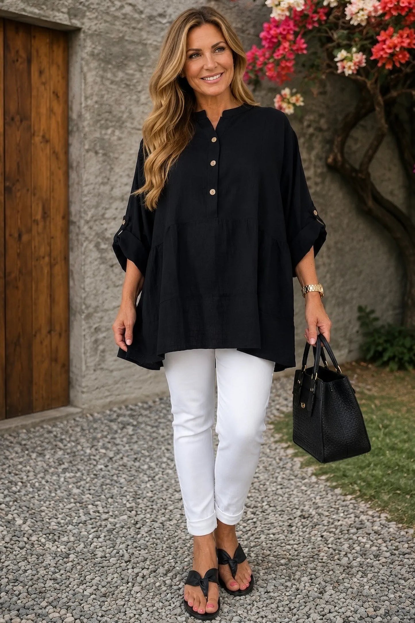 Linen Cotton Blend Button Sleeve Monica Button Shirt - Black