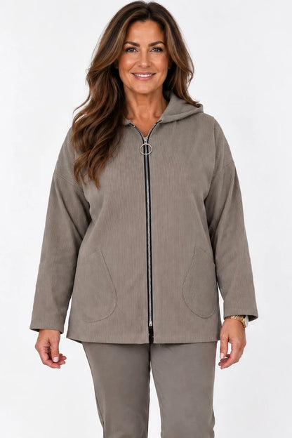 Double Pocket Francis Cord Zipped Hooded Jacket - Mocha