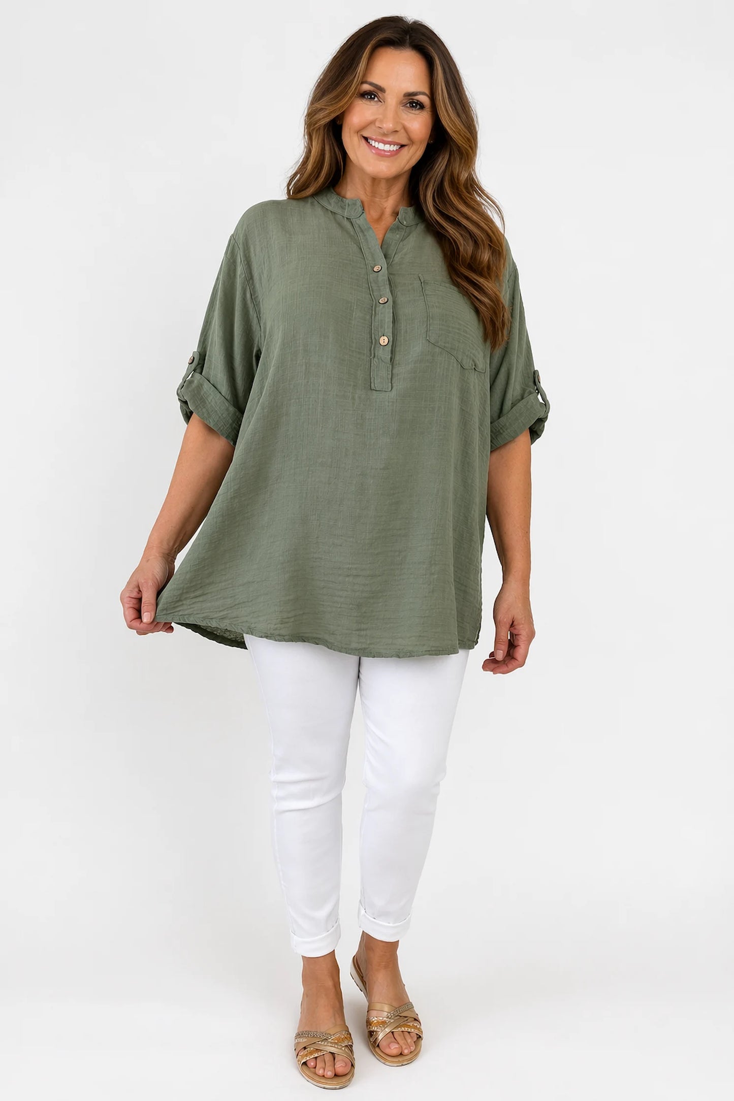 Linen Look Pure Cotton Pocket Detail Button Sleeve Calilla Button Shirt - Khaki