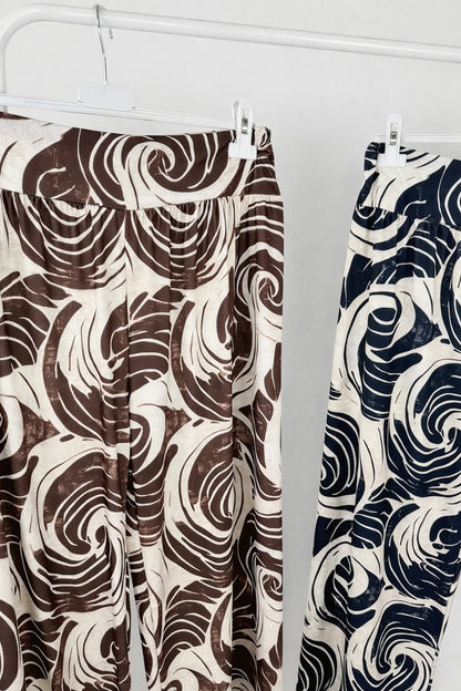 Wide Leg Swirl Print Sand Swept Italia Pants - Black Marble Swirl