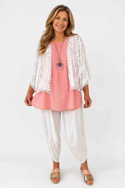 Pure Cotton Embroidery Anglaise Florenzi Batwing Cardigan - White