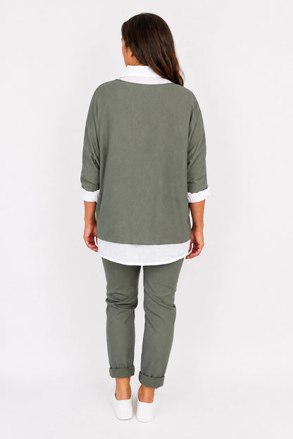 Cotton Fine Knit Two In One Mira Top - Khaki