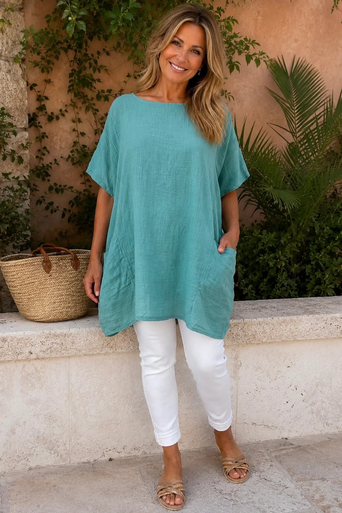Pure Cotton Double Pocket Coté Tunic Top - Teal