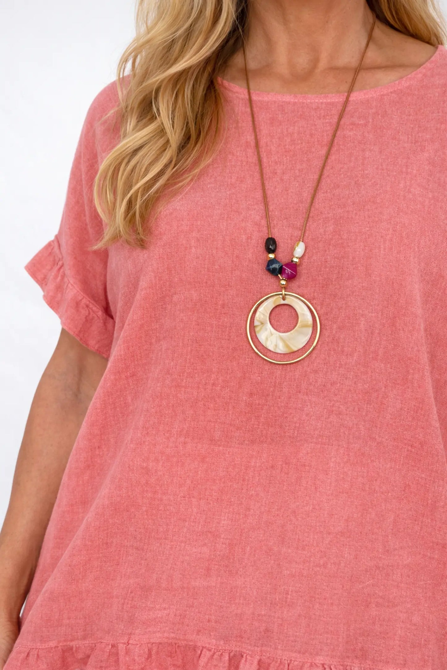 Linen Cotton Mix Frill Sleeve And Hem Iris Necklace Top - Washed Coral