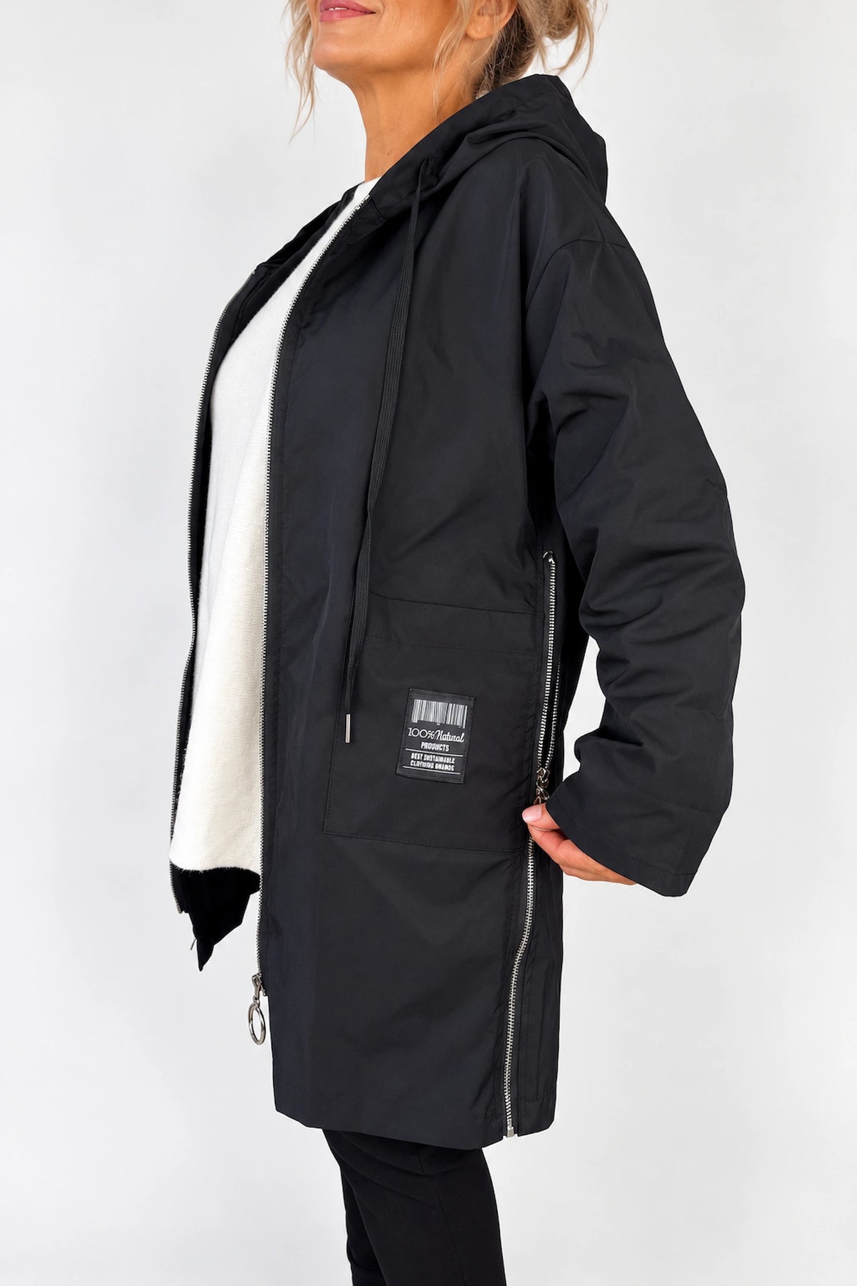 Double Pocket Badge Detail Adjustable Fit Side Zip Florenzi Lightweight Coat - Black