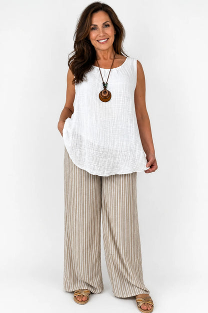 Linen Look Double Pocket Elasticated Waist Stripe Bella Wide Leg Pants - Warm Beige