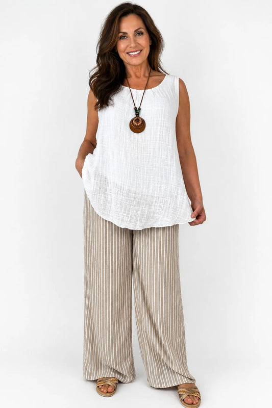 Linen Look Double Pocket Elasticated Waist Stripe Bella Wide Leg Pants - Warm Beige