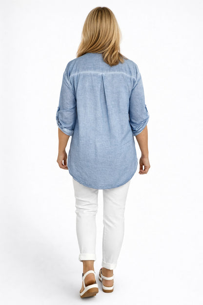 Cotton Button Sleeve Embroidery Anglaise Detail Tatiana Button Shirt - Washed Denim