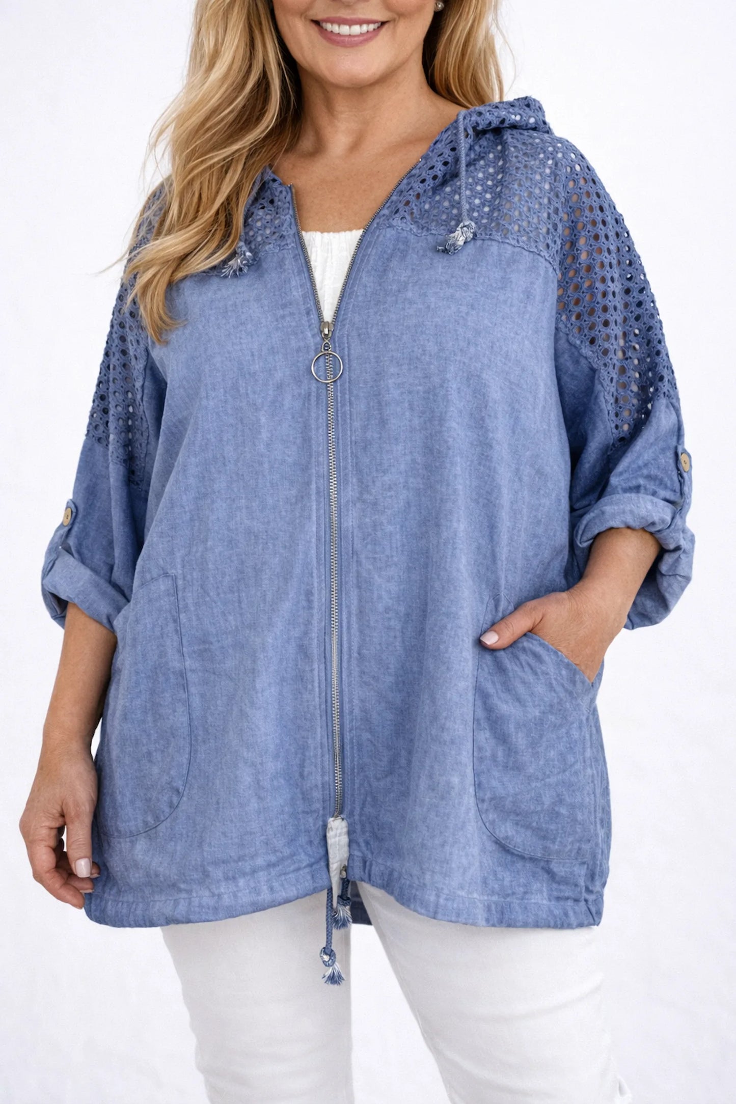 Pure Cotton Linen Look Mesh Detail Button Sleeve Double Pocket Rosalie Zipped Hoodie - Vintage Denim