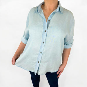 Button Sleeve Lila Denim Look Shirt - Light Denim