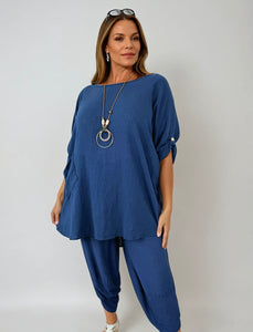 Pure Cotton Pocket Detail Button Sleeve Venice Necklace Top - Navy