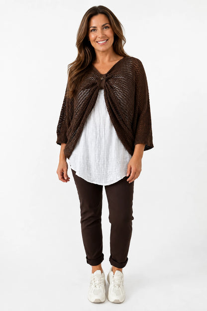 Pure Cotton Removable Tie Alexandra Batwing Crochet Top - Chocolate