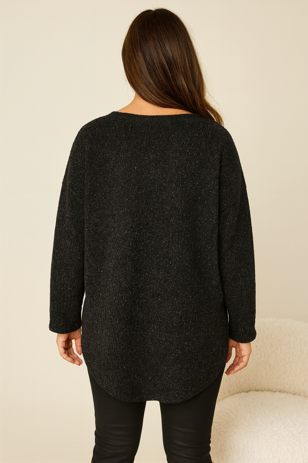 Wool Mix Sparkle Knit Venice Necklace Top - Black