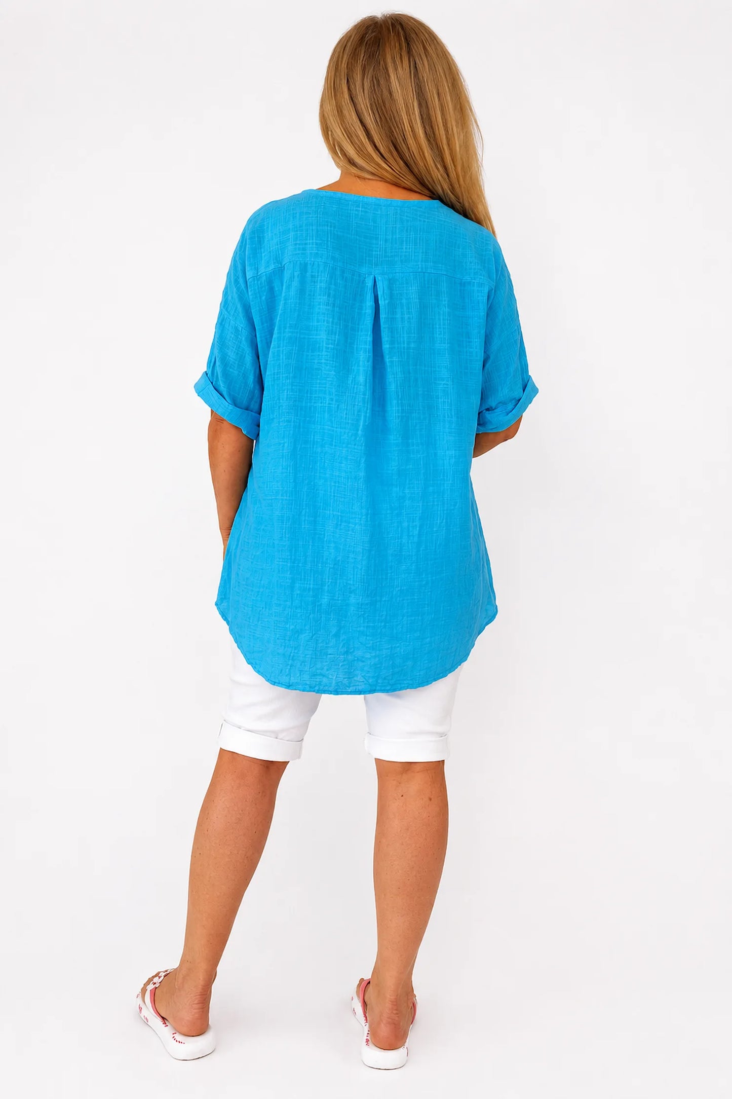 Linen Look Pure Cotton Button Detail Pocket Venice Top - Turquoise
