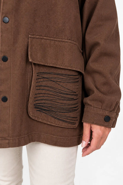 Pure Cotton Double Pocket Button Hooded Tiana Jacket - Chocolate