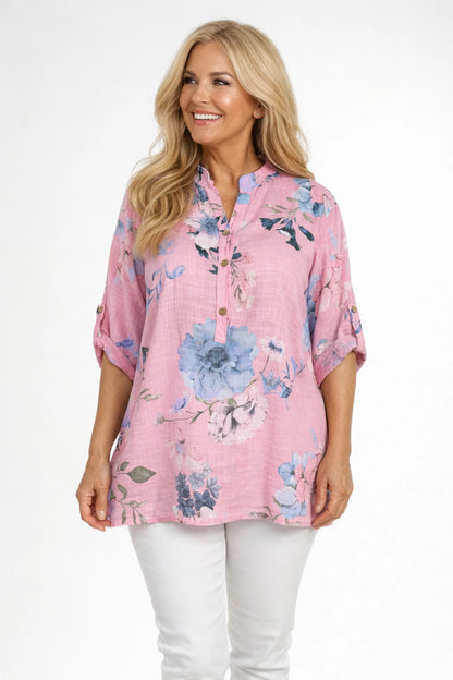 Pure Cotton Button Sleeve Julia Button Shirt - Baby Pink