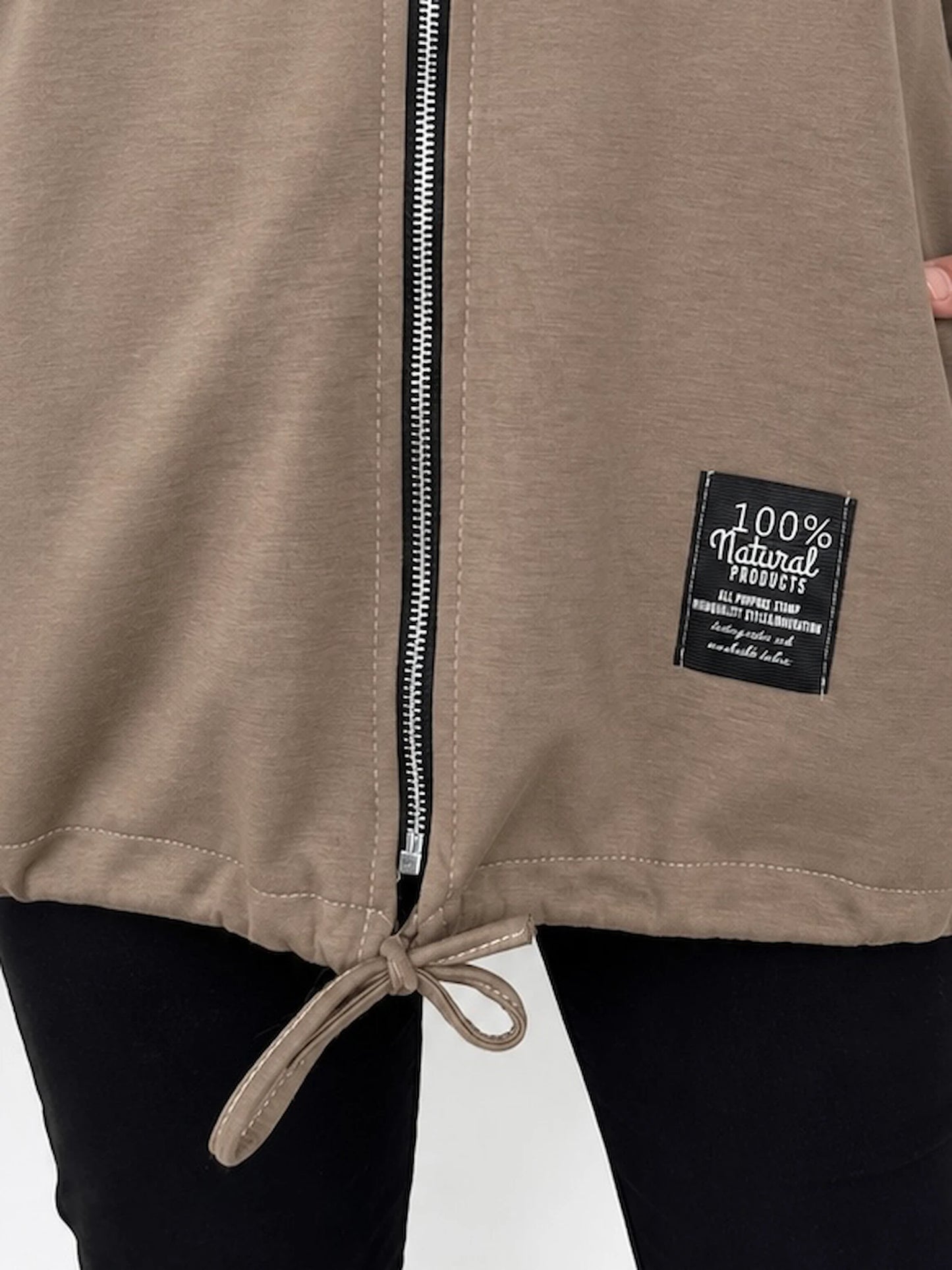 Badge Detail Drawstring Hem Double Pocket Viera Zipped Hooded Jacket - Mocha