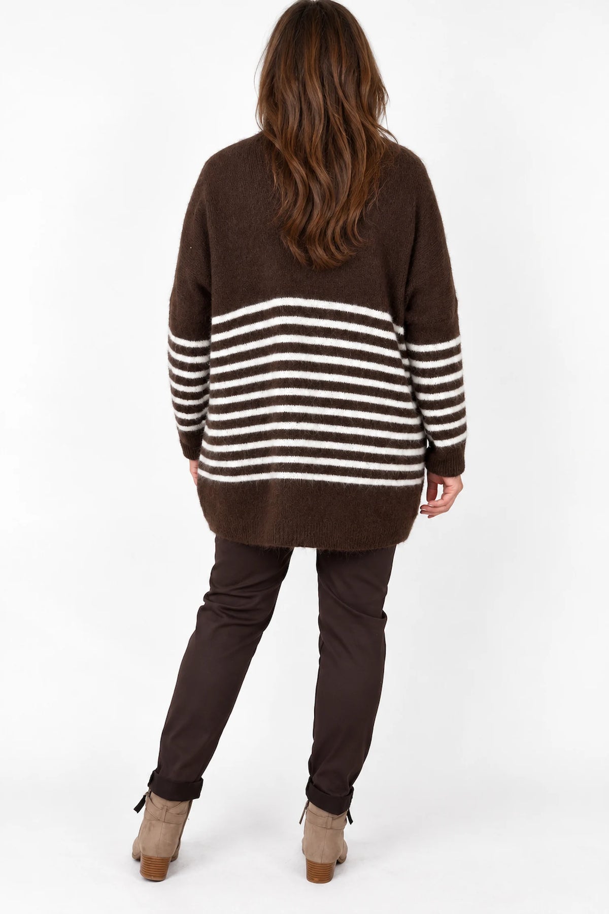 Wool Mix Perla Stripe Button Cardigan - Chocolate