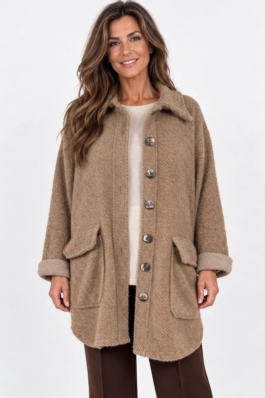 Textured Finish Double Patch Pocket Marble Effect Button Siera Coat - Mocha