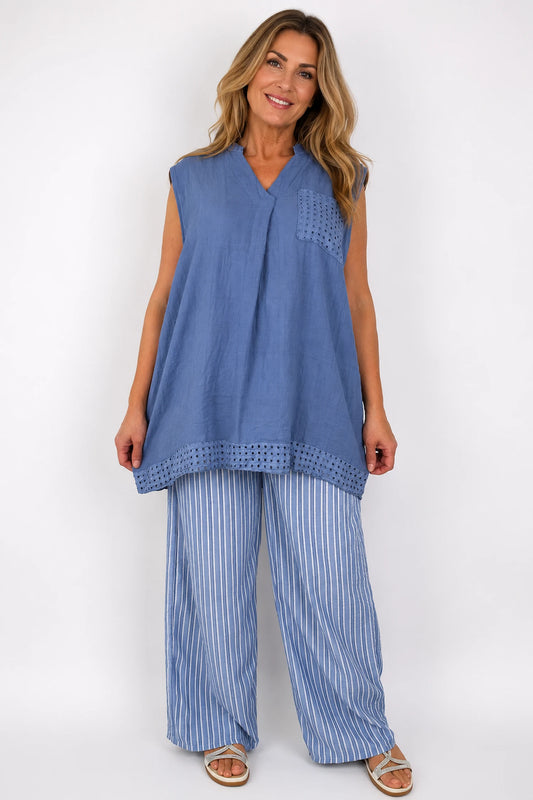 Pure Cotton Mesh Detail Rosetta Pocket Cap Sleeve Top - Denim