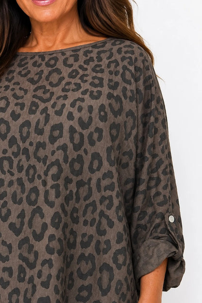 Button Sleeve Tatiana Leopard Top - Chocolate