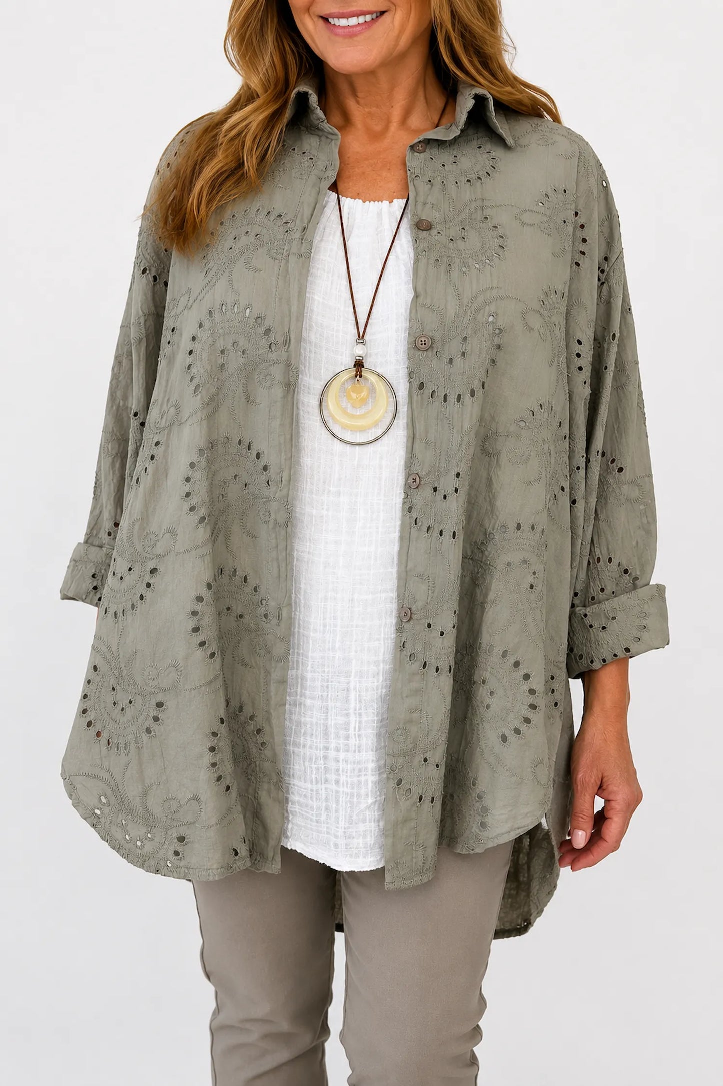 Pure Cotton Embroidery Anglaise Monica Button Shirt - Mocha
