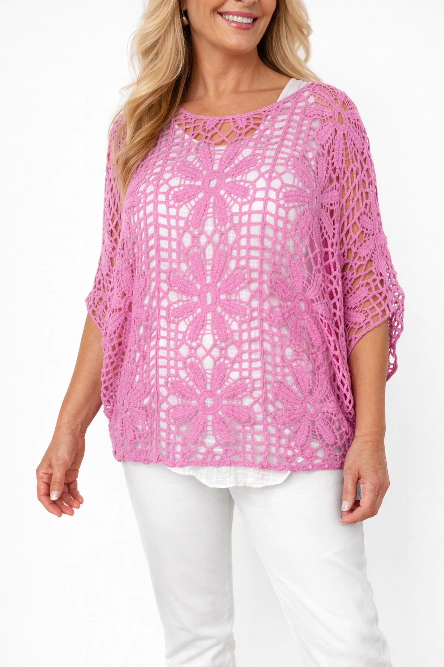 Pure Cotton Francesca Floral Crochet - Lipstick Pink