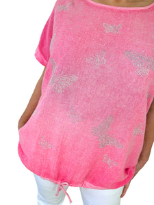 Linen Mix Diamanté Butterfly Tied Detail Top - French Pink
