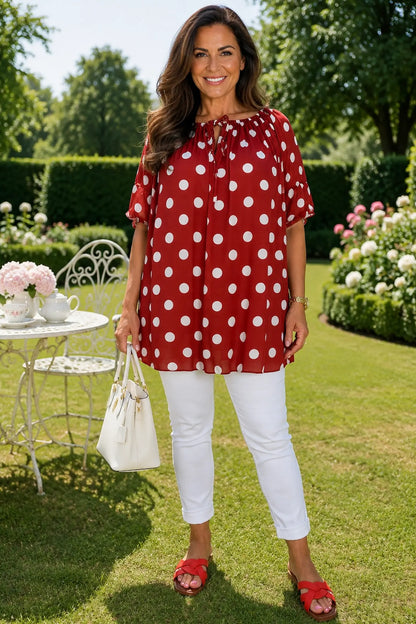 Tied Detail Fully Lined Polka Dot Elasticated Hem Francis Chiffon Top - Terracotta Red