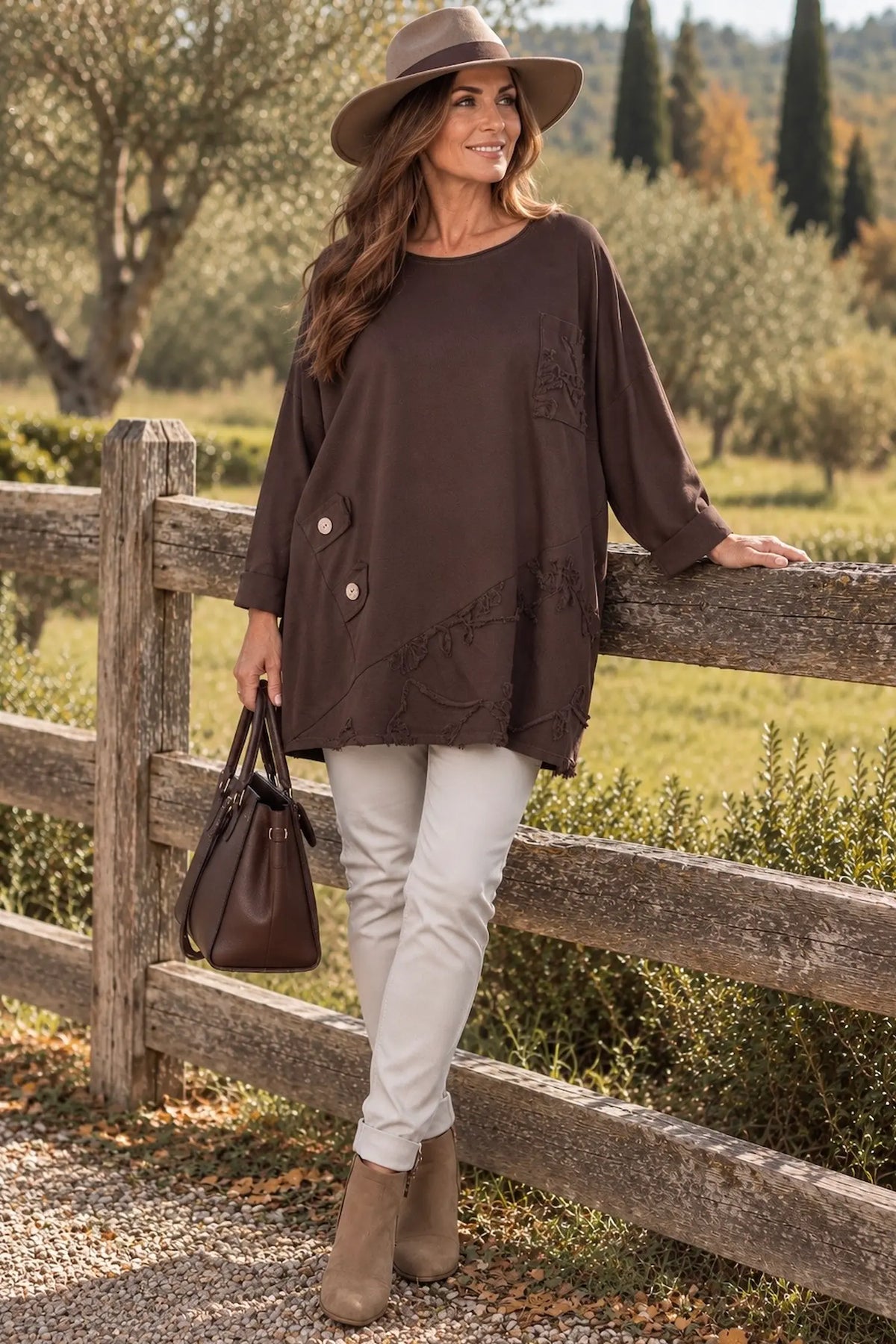 Cotton Button Detail Embroidery Anglaise Needlecord Hem Italia Top - Chocolate