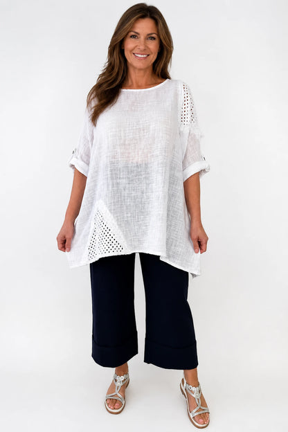 Pure Cotton Button Sleeve Crochet Detail Dalia Top - White