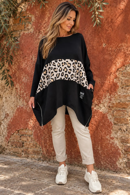 Zipped Hem Leopard Patch Badge Detail Double Pocket Varsia Top - Black