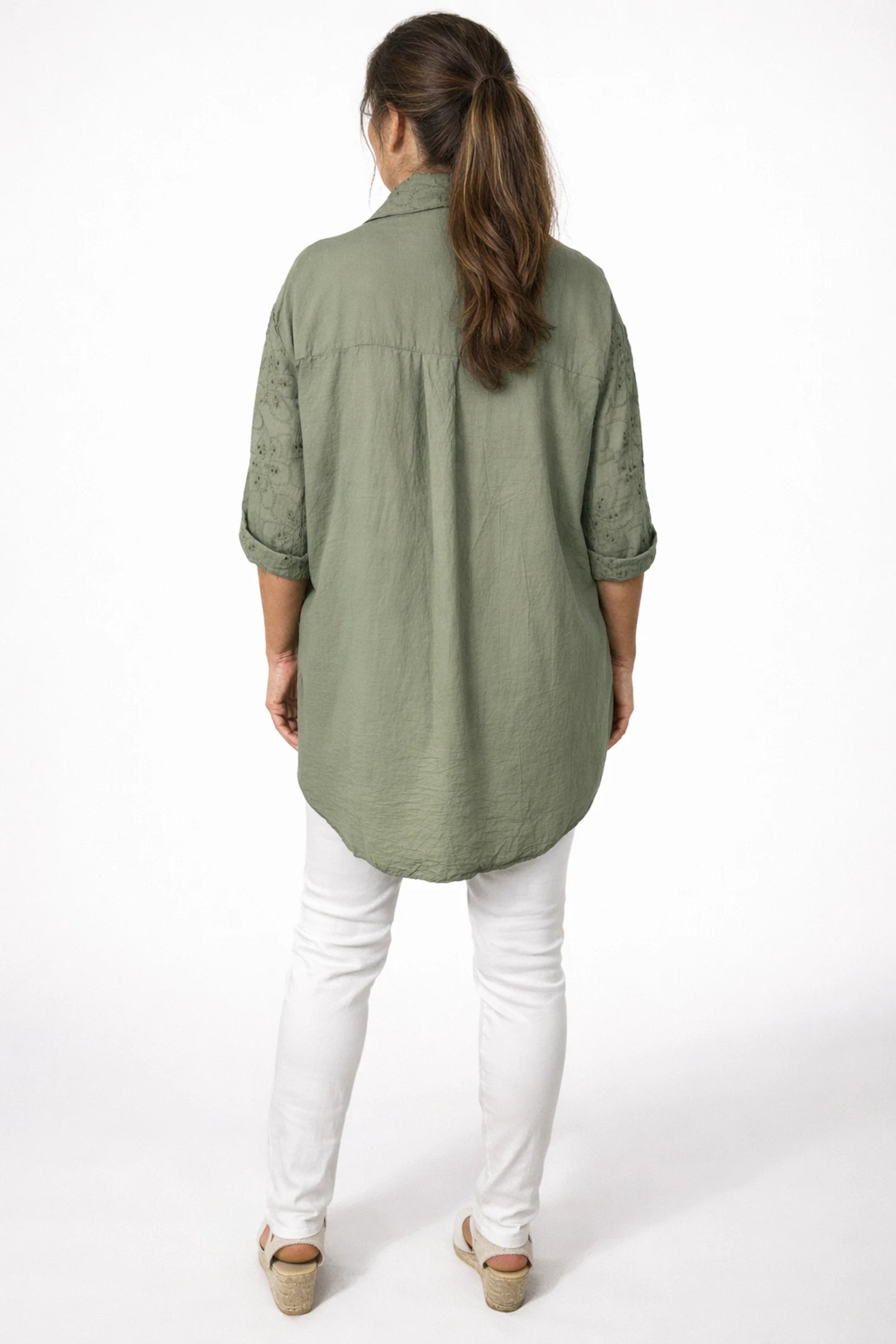 Cotton Embroidery Anglaise Crochet Detail Carlotta Button Shirt - Khaki