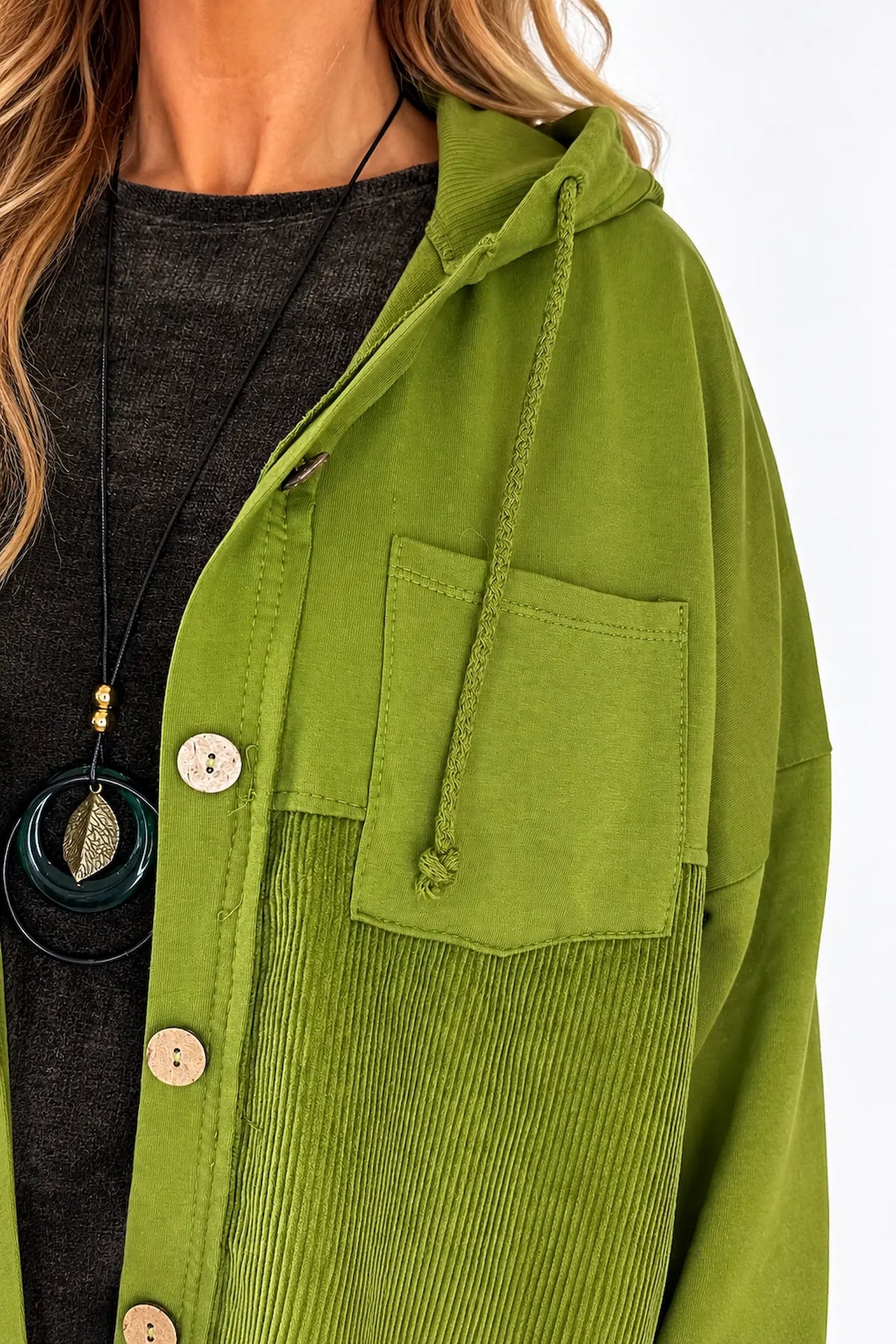 Pure Cotton Cord Patch Pocket Connie Button Hooded Jacket - Lime Green