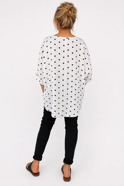 Polka Dot Lightweight Flow Paris Top - White