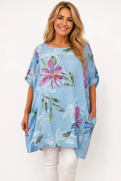 Pure Cotton Double Pocket Livia Tunic Top - Light Denim