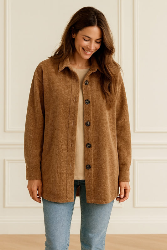 Chenille Arrivia Button Shacket - Chestnut