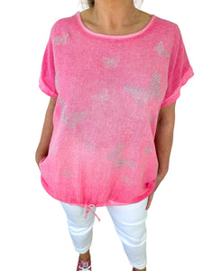 Linen Mix Diamanté Butterfly Tied Detail Top - French Pink