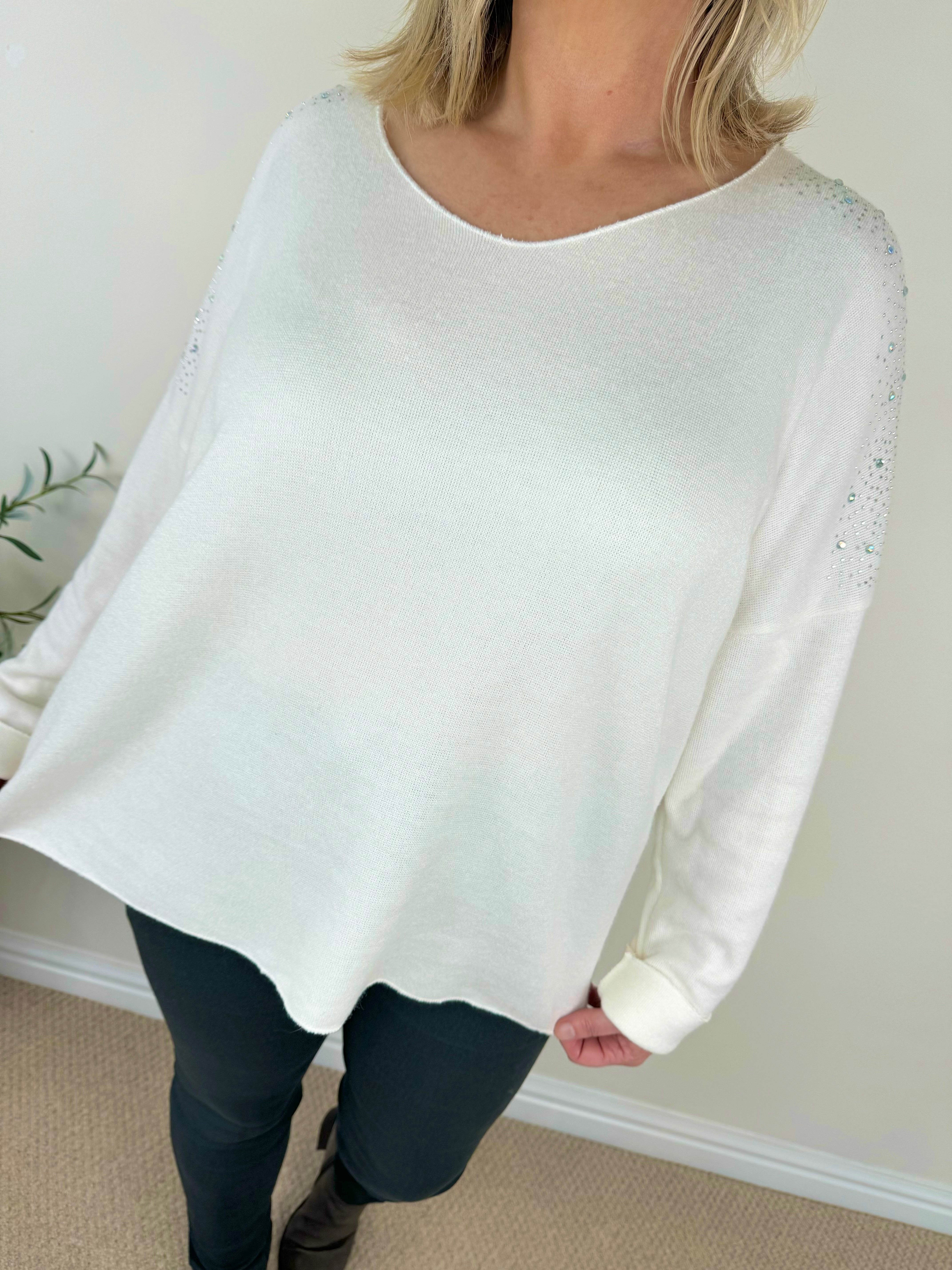 Diamanté Sleeve Premium Knit Vialla Top AW24 - Winter White