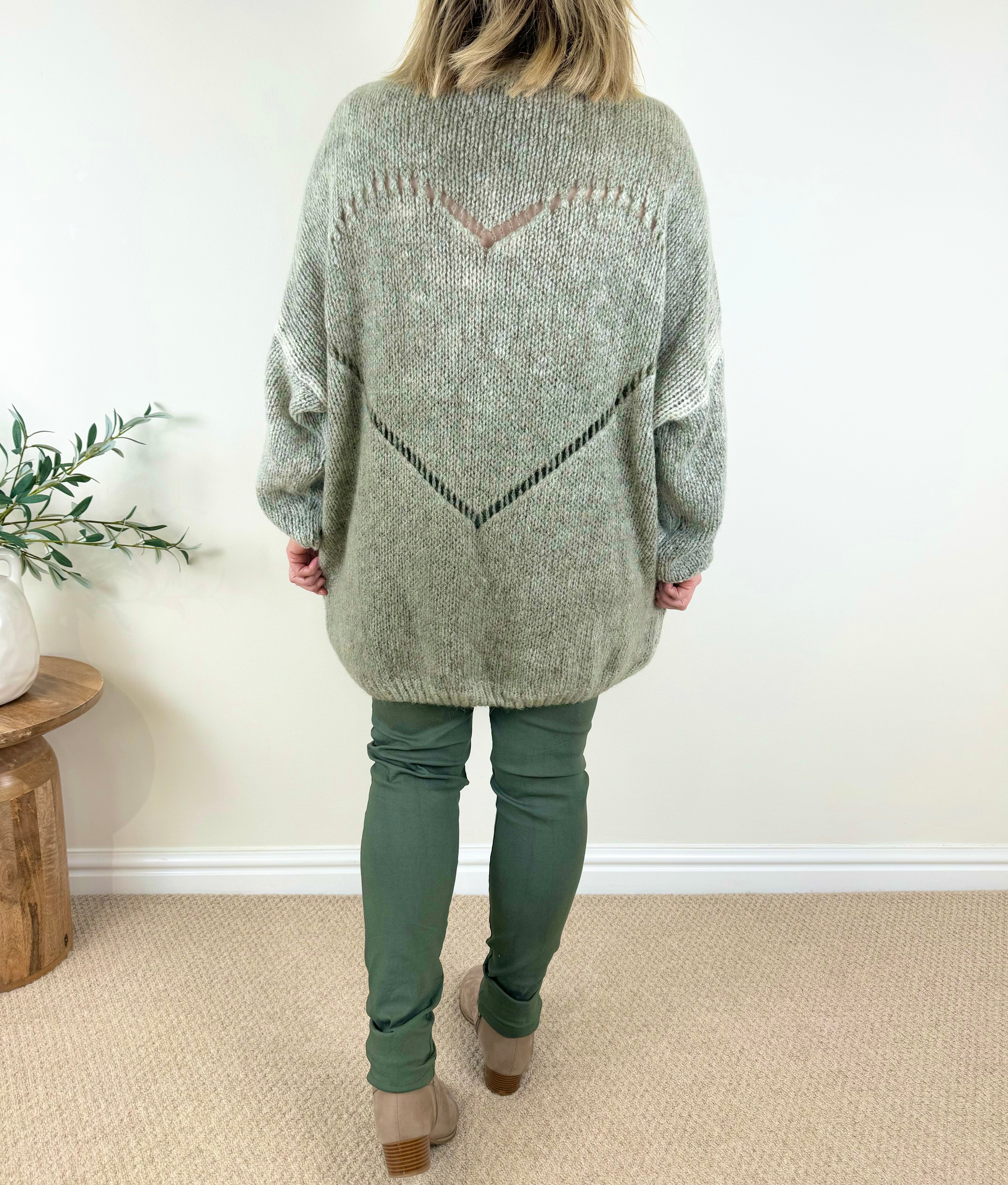 Wool Mix Premium Knit Vienna Heart Back Jumper AW24 - Khaki