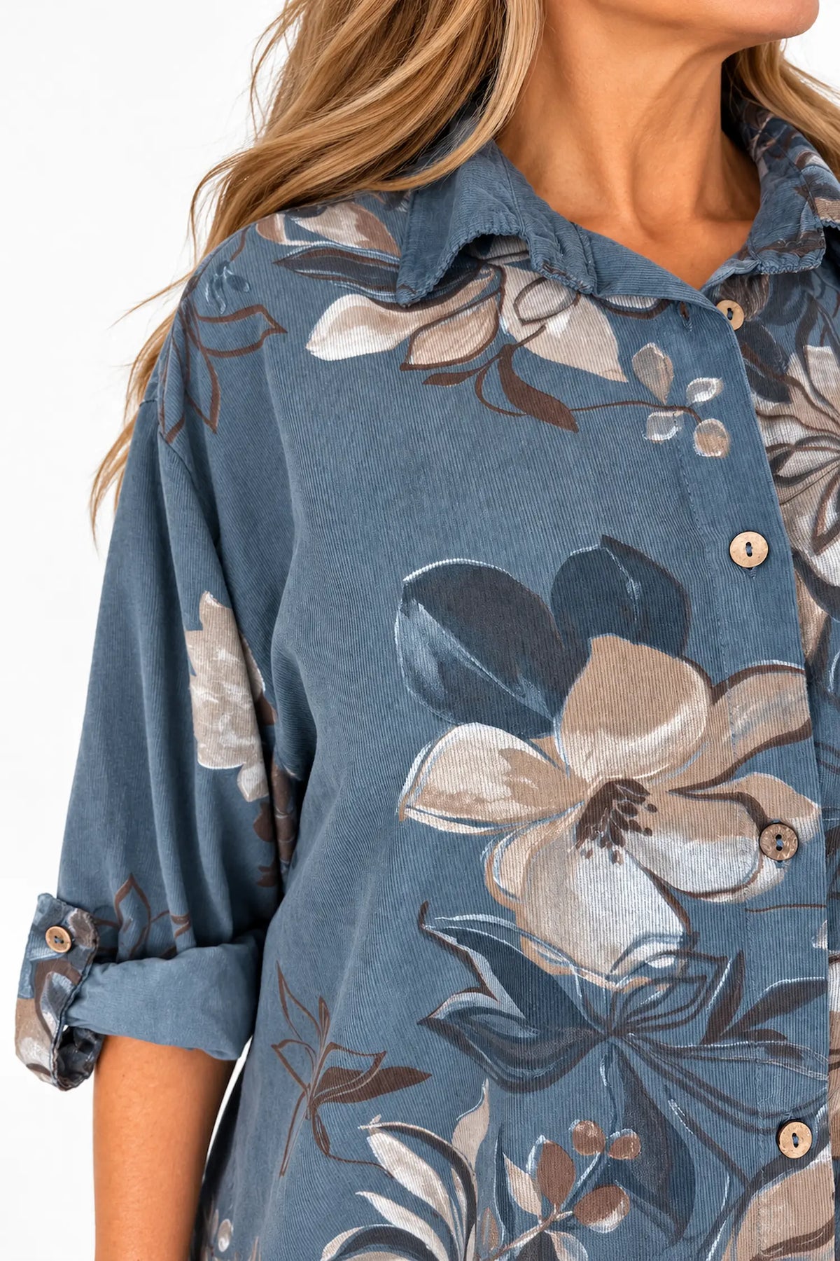 Pure Cotton Needlecord Button Sleeve Dorsia Button Shirt - Denim