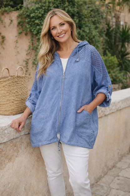 Pure Cotton Linen Look Mesh Detail Button Sleeve Double Pocket Rosalie Zipped Hoodie - Vintage Denim