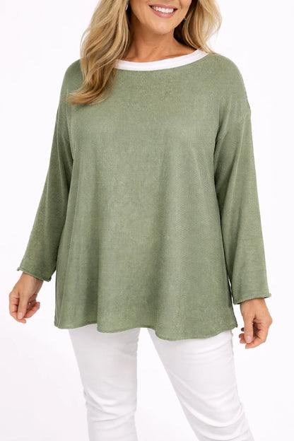 Cotton Seam Sleeve Vittoria Spring Knit Top - Khaki