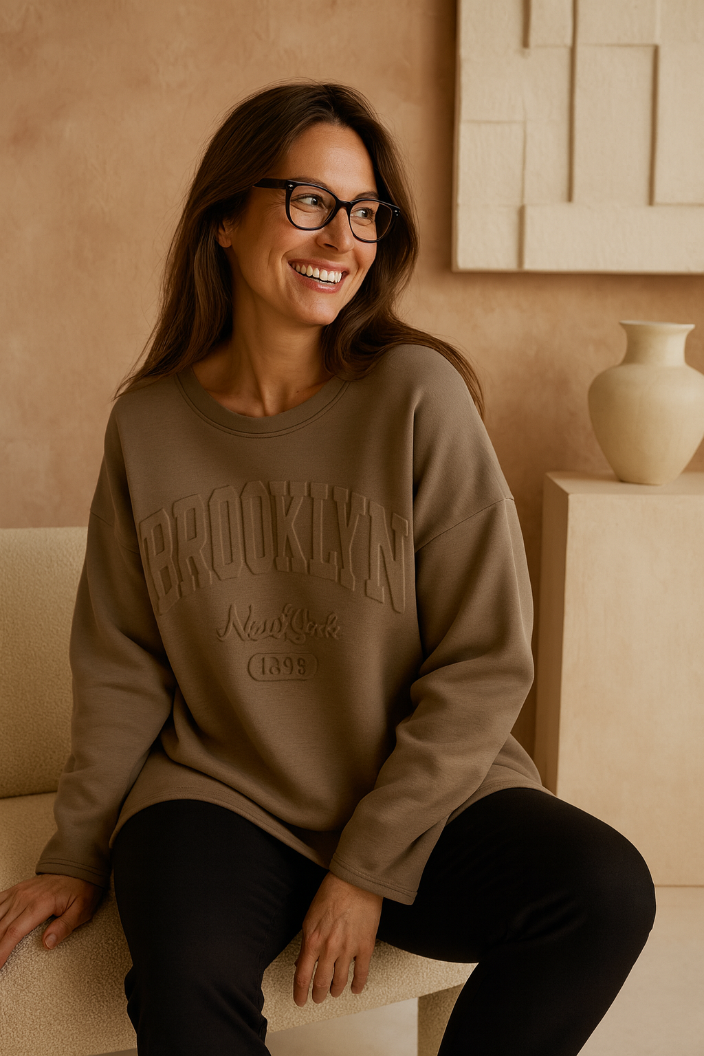 Brooklyn Embossed Light Weight Sweatshirt - Mocha