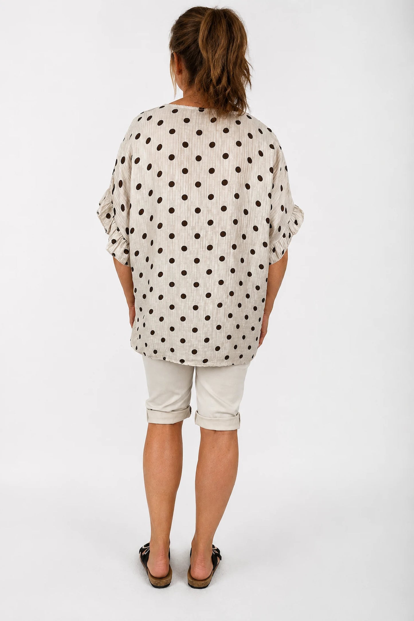 Polka Dot Frill Sleeve Soft Stitch Allegra Top - Beige